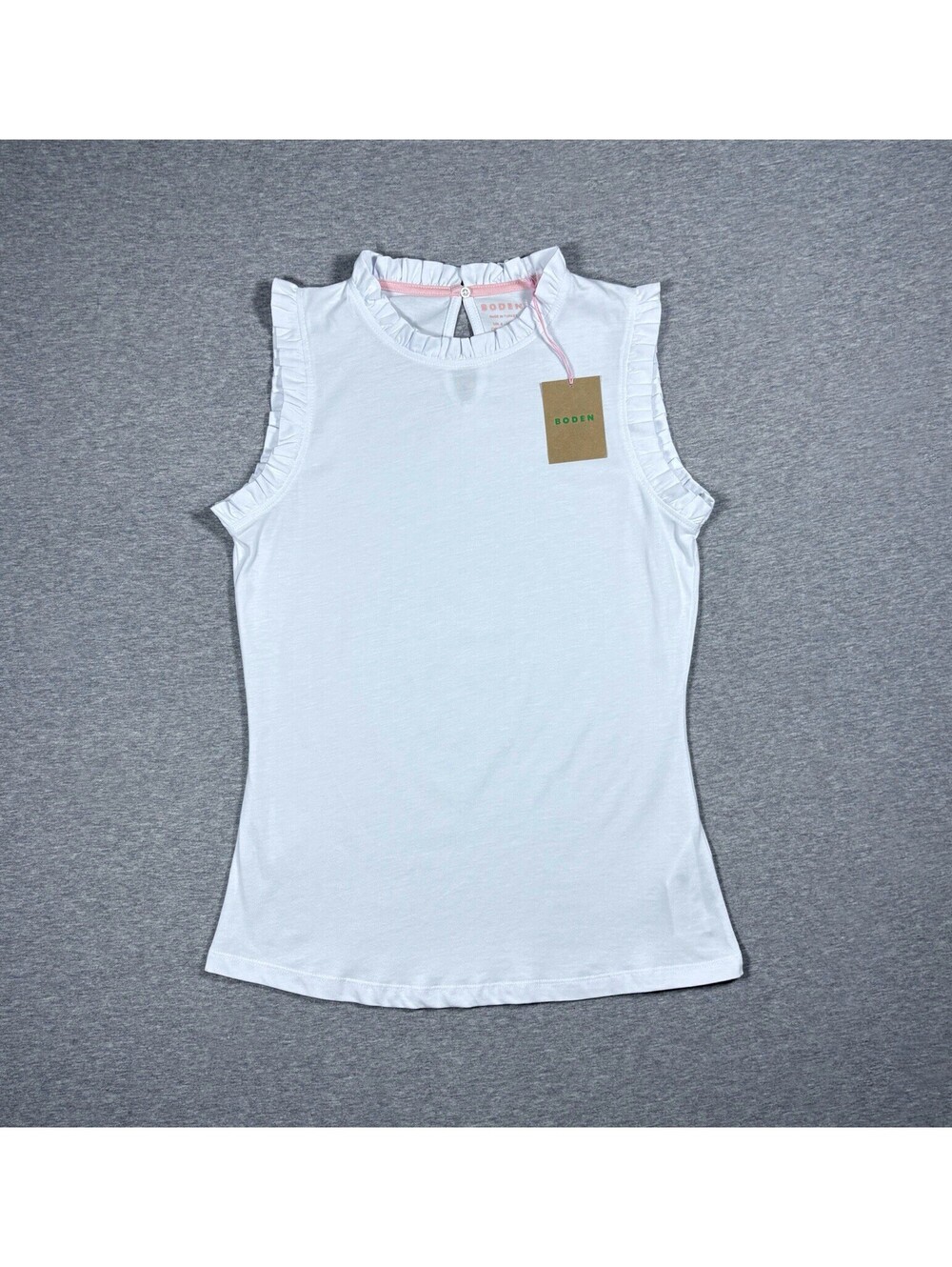 Boden Tank Top Ruffle Trim Women’s Size 4 Small White Cotton High Neck NWT